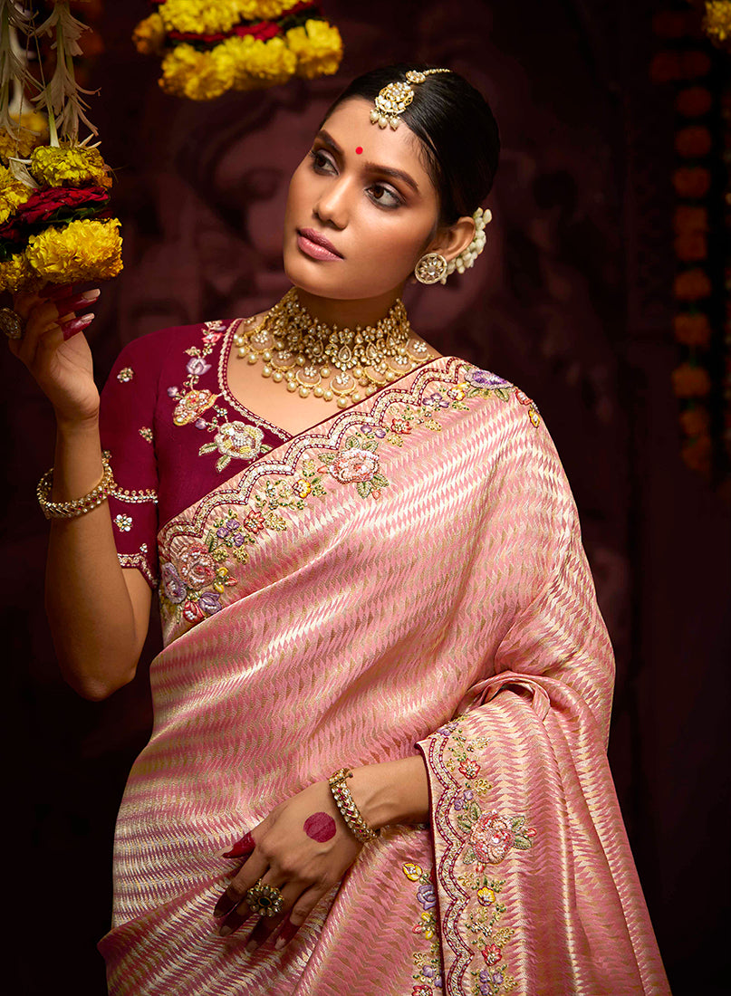 Monjolika Fashion Kanjivaram Silk Weaving Rose Pink Contemporary Saree