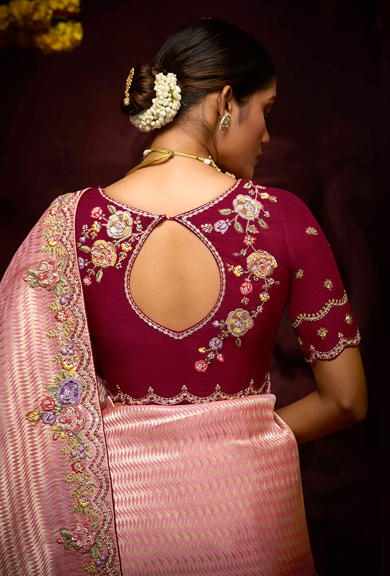 Monjolika Fashion Kanjivaram Silk Weaving Rose Pink Contemporary Saree