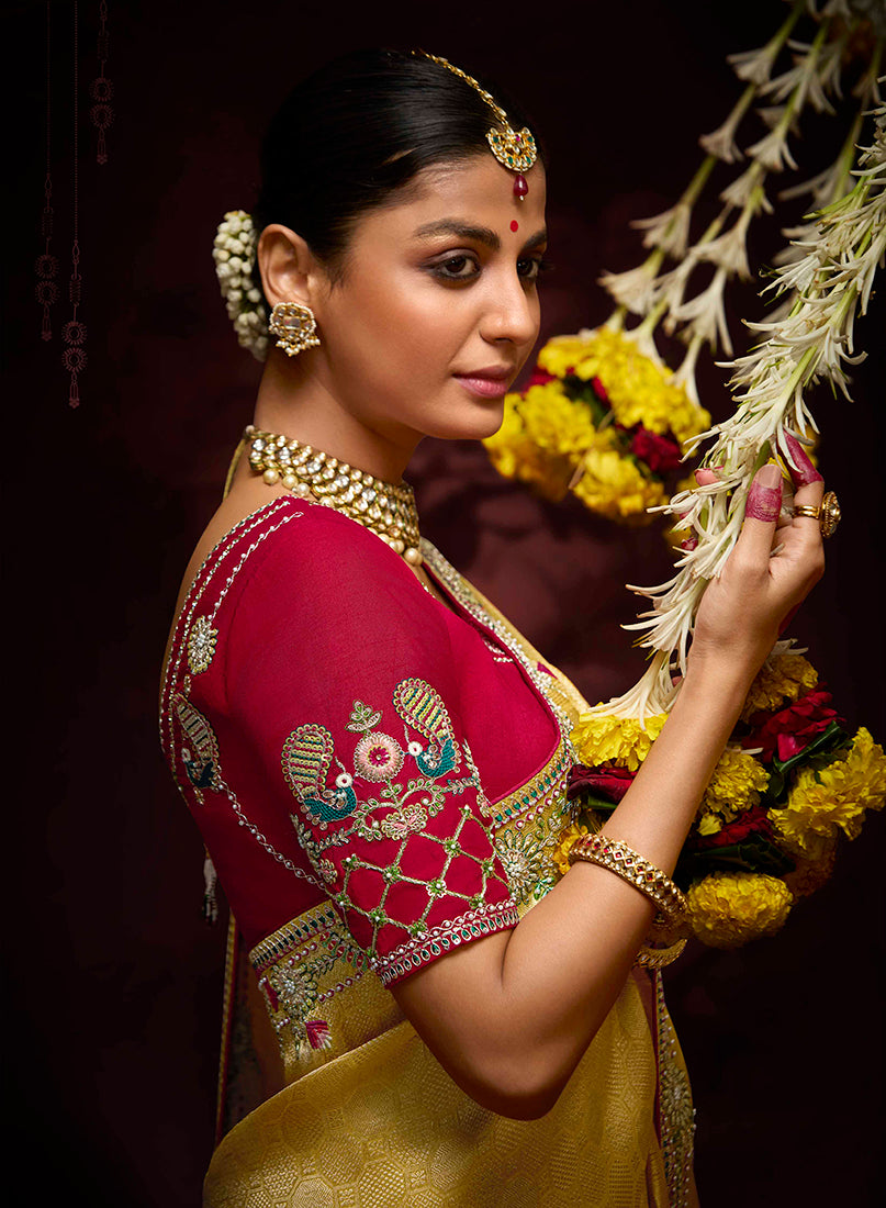 Monjolika Fashion Kanjivaram Silk Weaving Contemporary Saree in Mustard