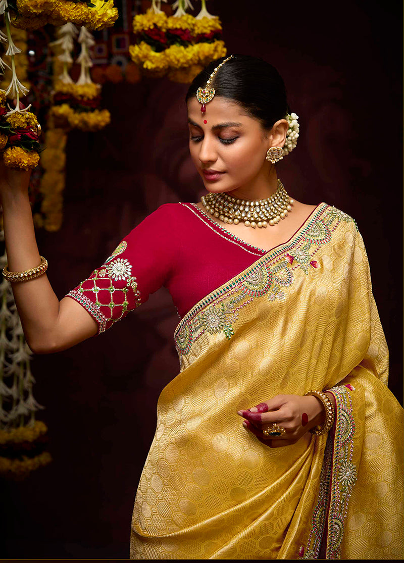 Monjolika Fashion Kanjivaram Silk Weaving Contemporary Saree in Mustard