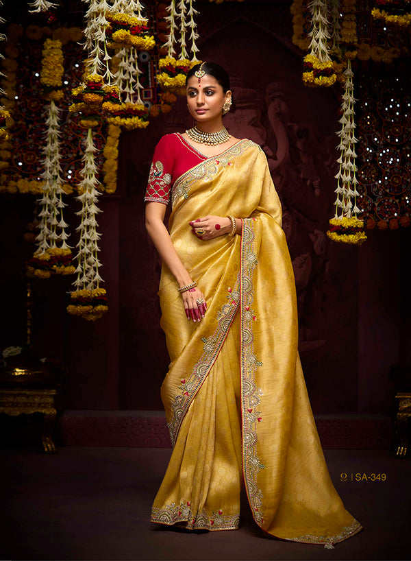 Monjolika Fashion Kanjivaram Silk Weaving Contemporary Saree in Mustard
