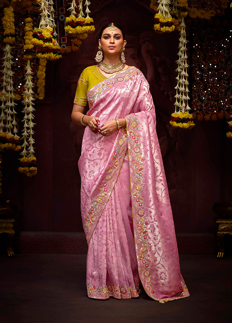 Monjolika Fashion Embroidered Sequins Zari Traditional Saree in Purple & Pink