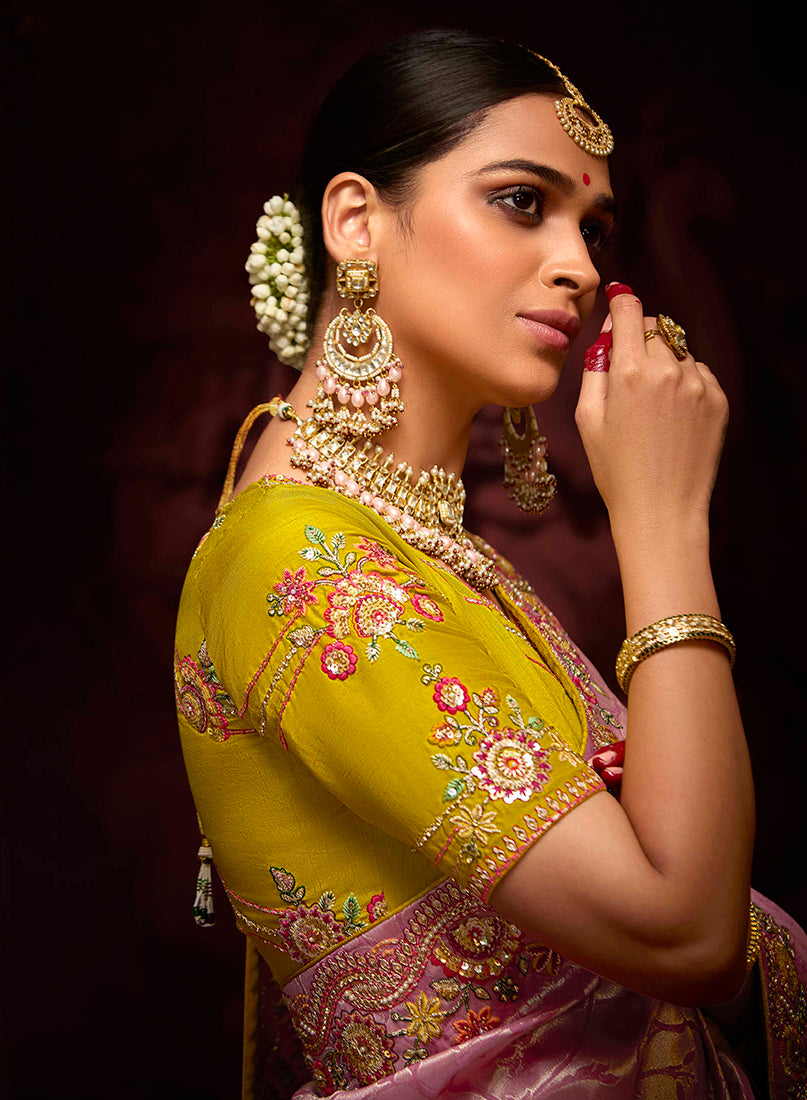 Monjolika Fashion Embroidered Sequins Zari Traditional Saree in Purple & Pink