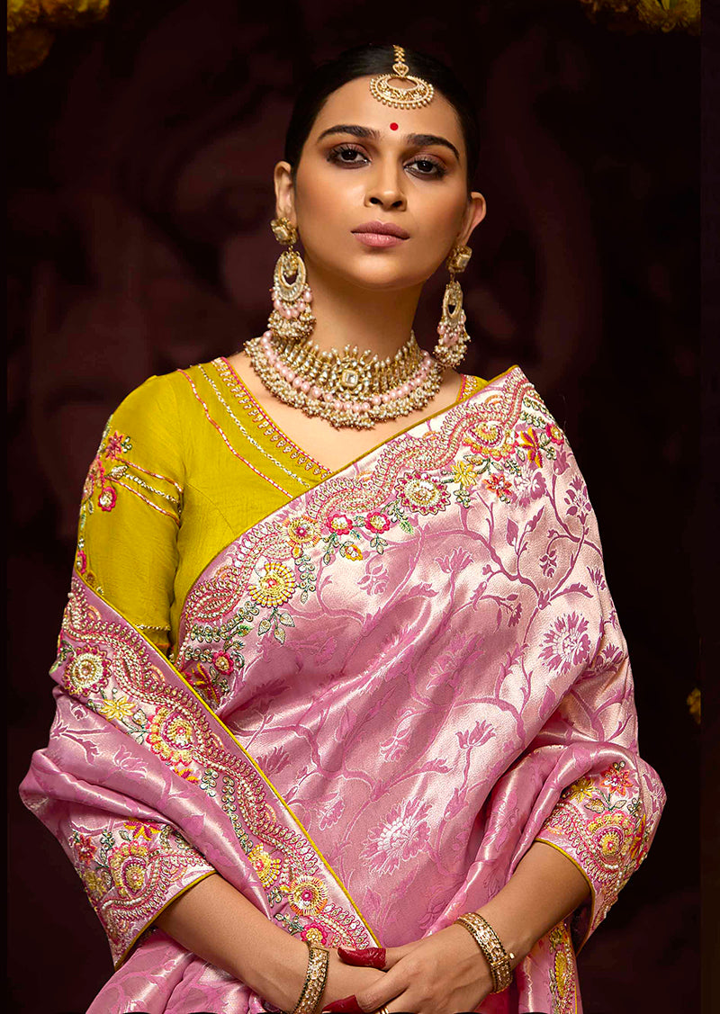 Monjolika Fashion Embroidered Sequins Zari Traditional Saree in Purple & Pink
