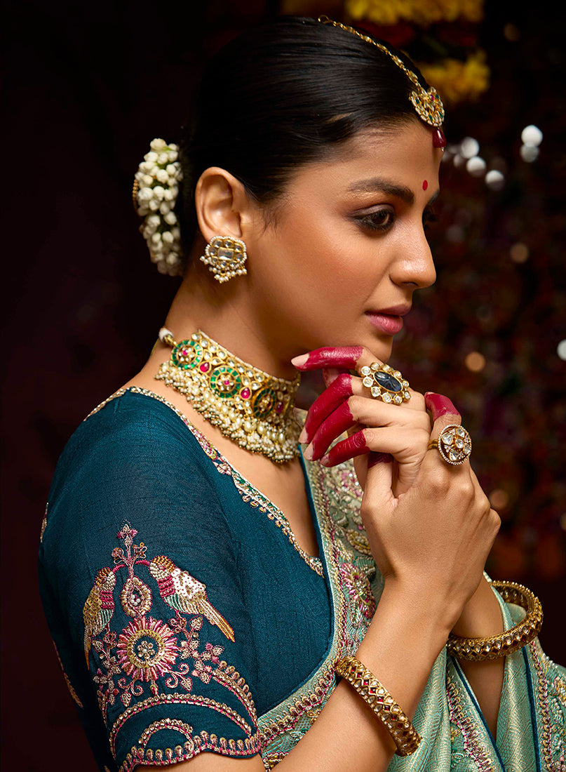 Monjolika Fashion Embroidered Kanjivaram Silk Aqua Blue Trendy Saree