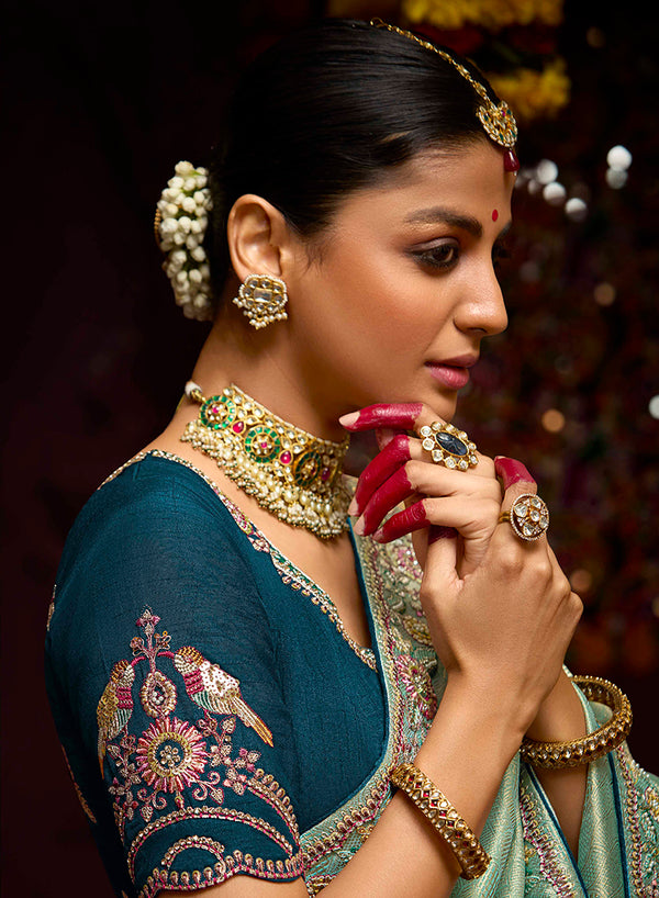 Monjolika Fashion Embroidered Kanjivaram Silk Aqua Blue Trendy Saree