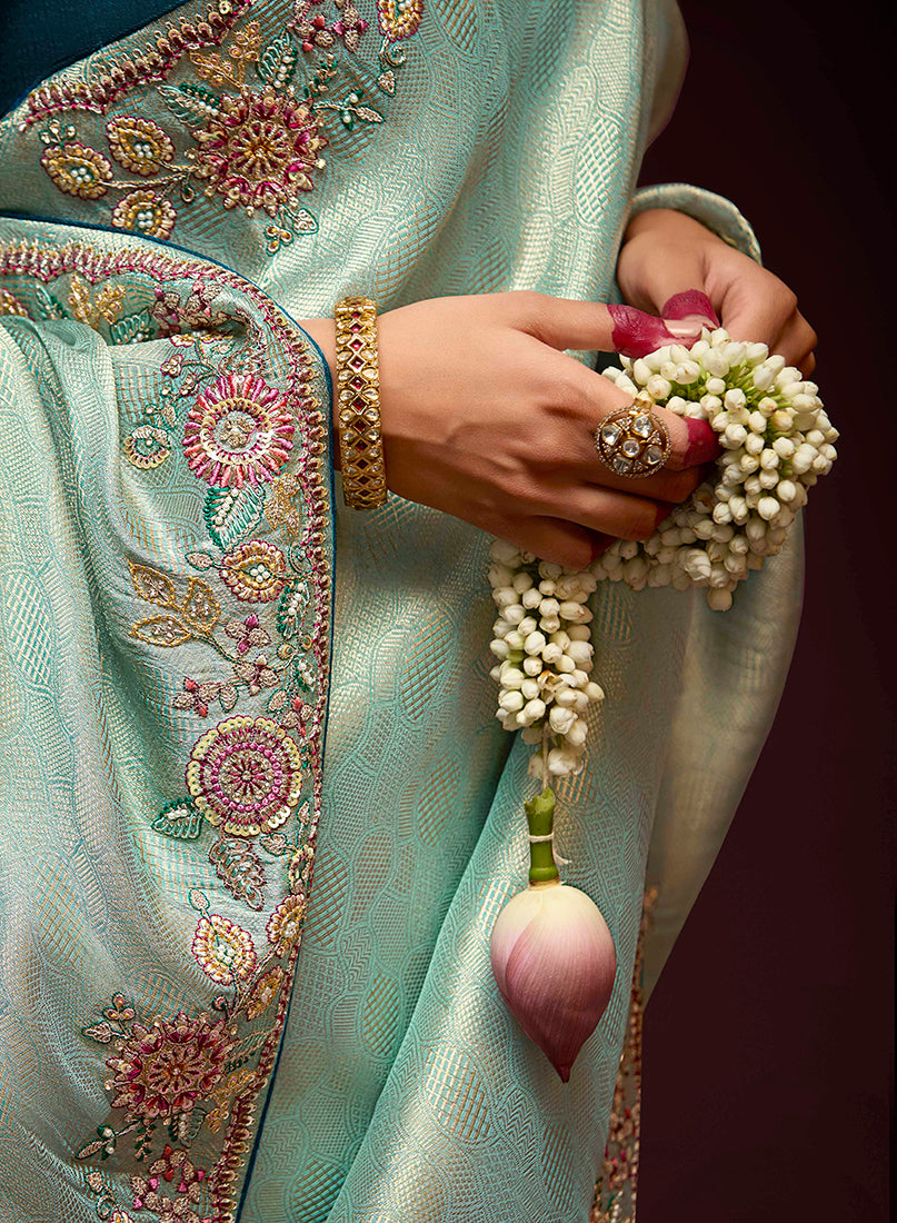 Monjolika Fashion Embroidered Kanjivaram Silk Aqua Blue Trendy Saree
