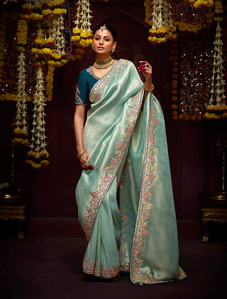 Monjolika Fashion Embroidered Kanjivaram Silk Aqua Blue Trendy Saree