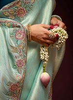 Thumbnail for Monjolika Fashion Embroidered Kanjivaram Silk Aqua Blue Trendy Saree
