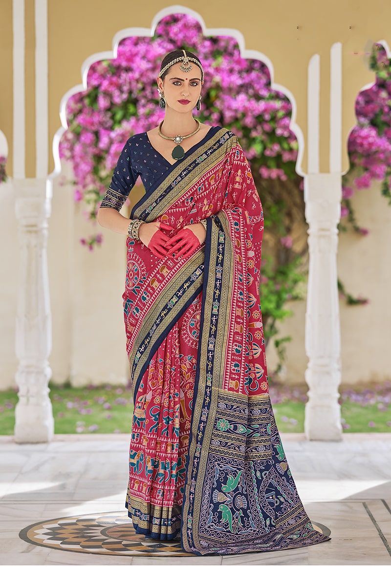 Monjolika Fashion Silk Foil Print Classic Saree In Hot Pink