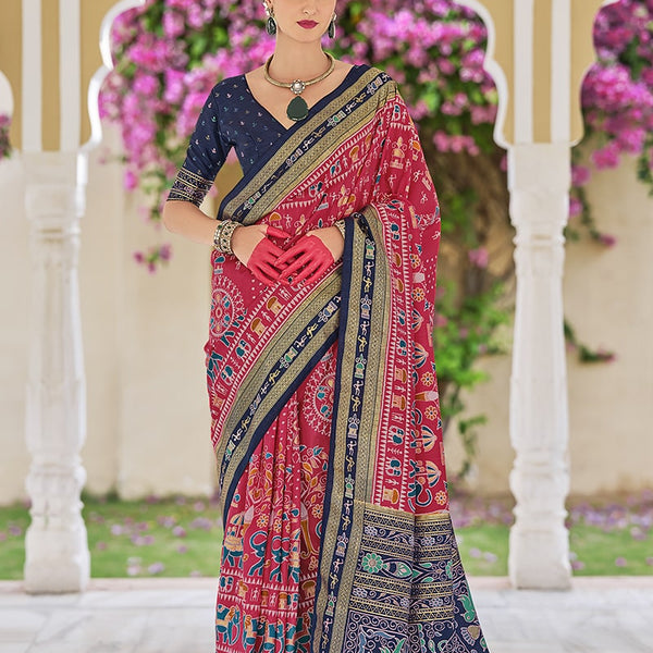 Monjolika Fashion Silk Foil Print Classic Saree In Hot Pink