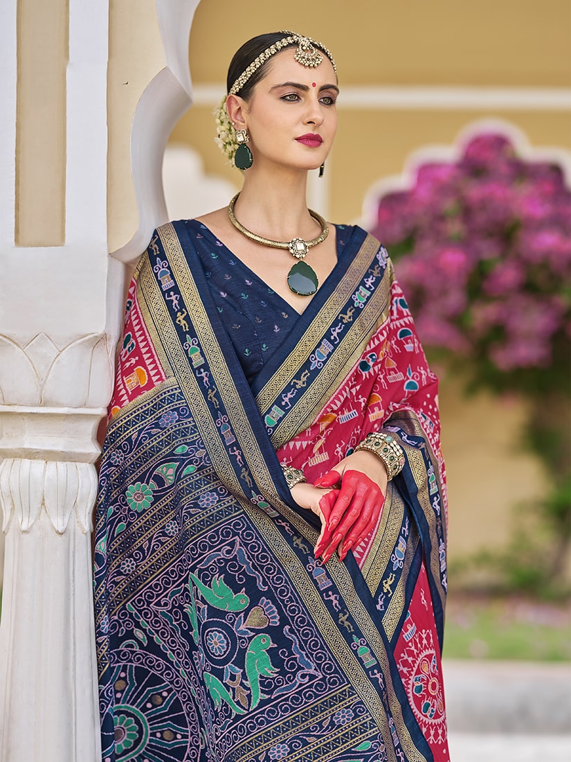 Monjolika Fashion Silk Foil Print Classic Saree In Hot Pink