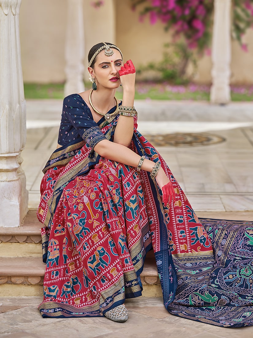 Monjolika Fashion Silk Foil Print Classic Saree In Hot Pink