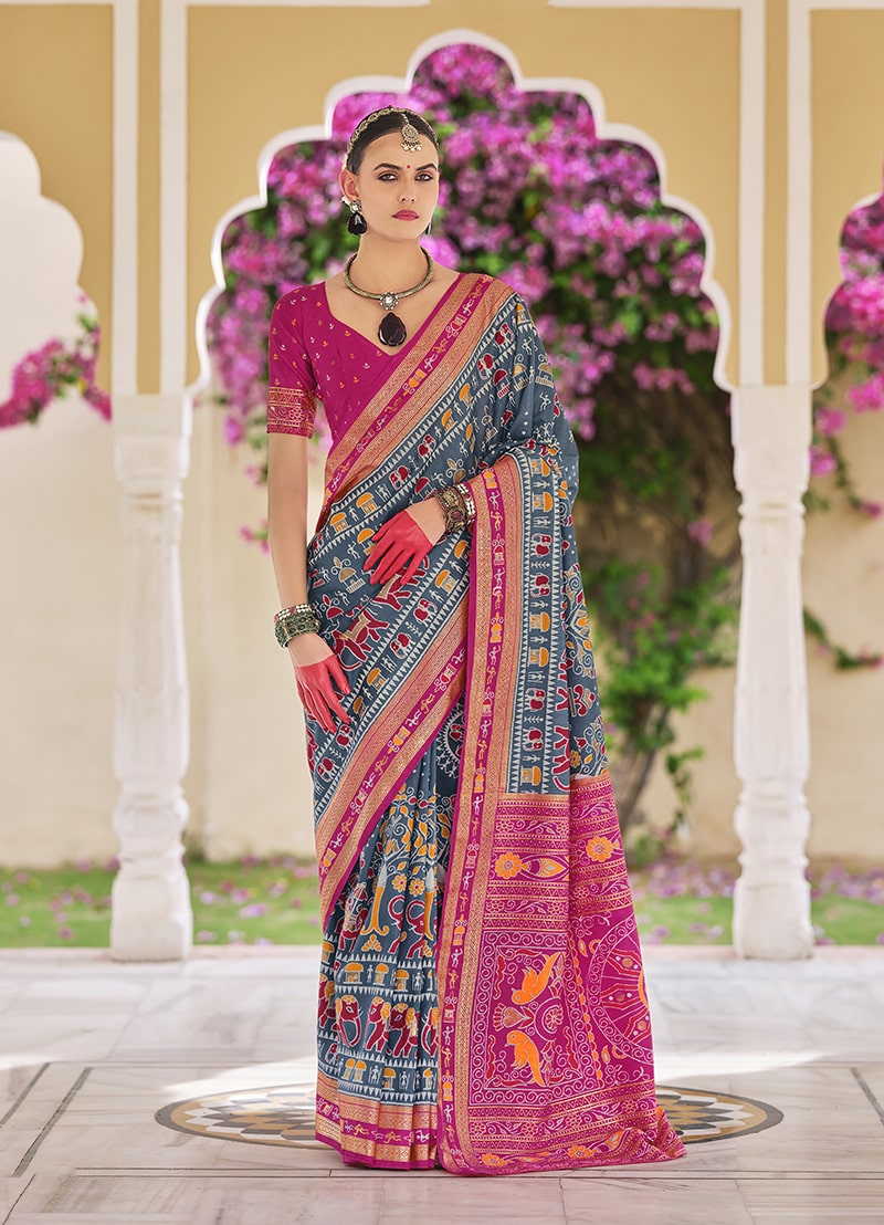 Monjolika Fashion Silk Foil Print Classic Saree In Grey