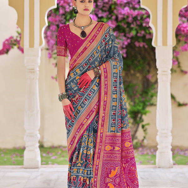 Monjolika Fashion Silk Foil Print Classic Saree In Grey