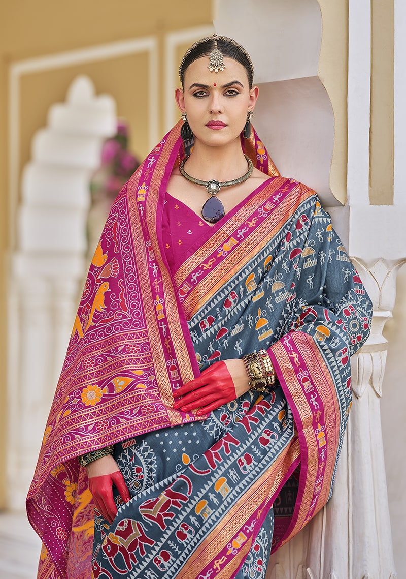 Monjolika Fashion Silk Foil Print Classic Saree In Grey