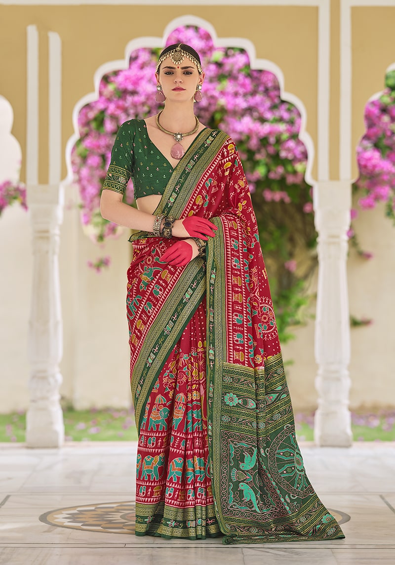 Monjolika Fashion Silk Foil Print Classic Saree In Red
