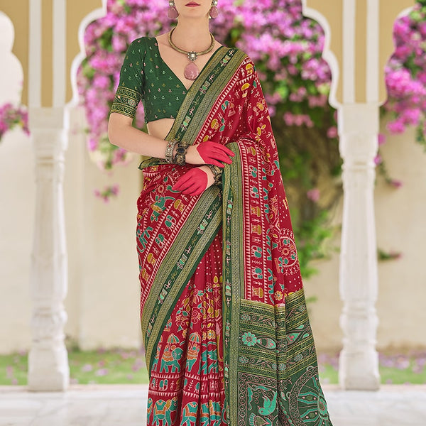 Monjolika Fashion Silk Foil Print Classic Saree In Red