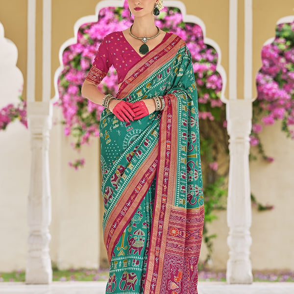 Monjolika Fashion Silk Foil Print Classic Saree In Turquoise