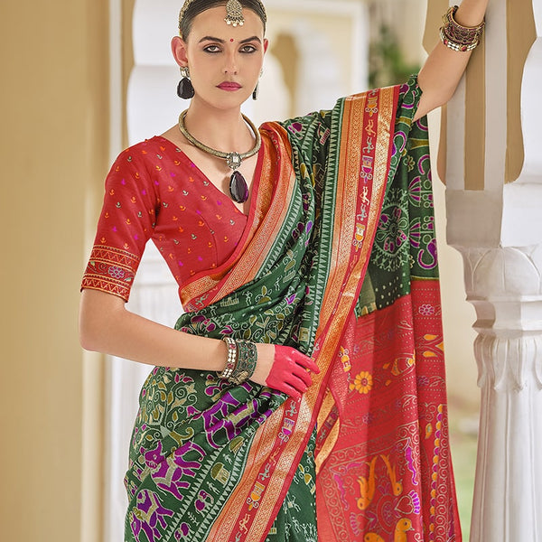 Monjolika Fashion Silk Foil Print Classic Saree In Green