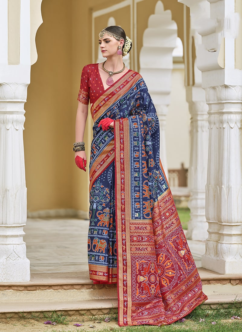 Monjolika Fashion Silk Foil Print Classic Saree In Navy Blue