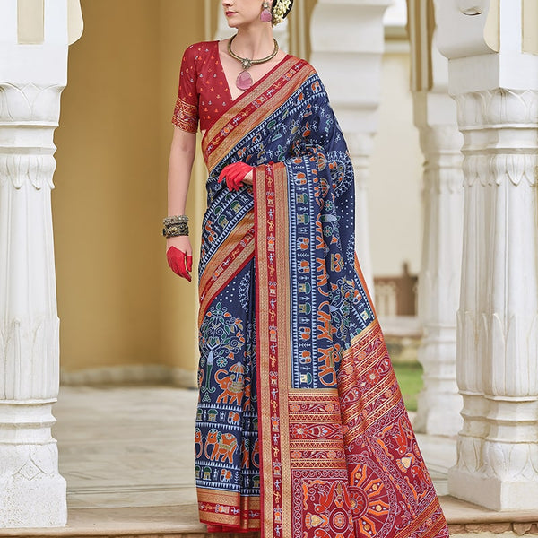 Monjolika Fashion Silk Foil Print Classic Saree In Navy Blue