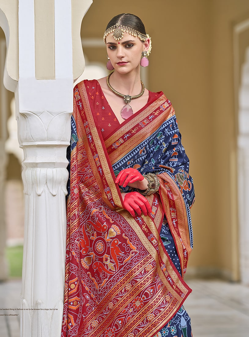 Monjolika Fashion Silk Foil Print Classic Saree In Navy Blue