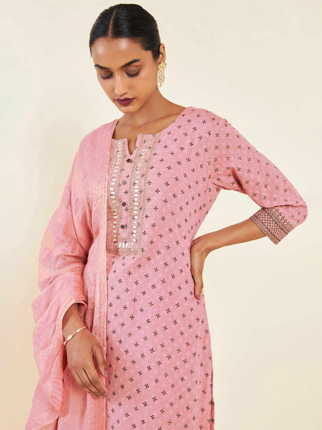 Soch Pink & Brown Floral Printed Pure Cotton Kurta With Trousers & Dupatta - Distacart
