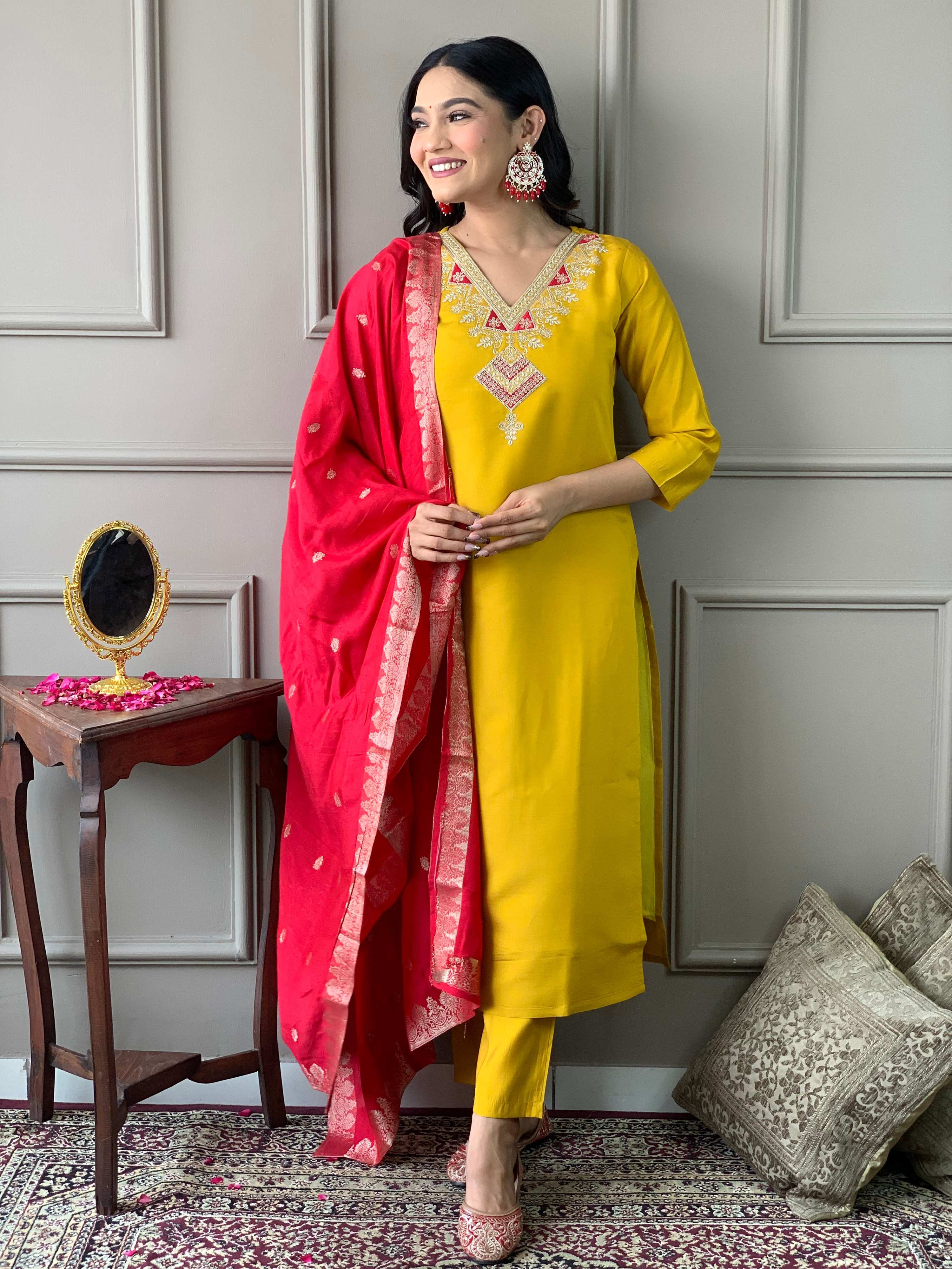 The52 Mustard Embroidered Chanderi Fabric Straight Kurta, Pant and Dupatta Set
