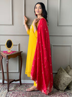 Thumbnail for The52 Mustard Embroidered Chanderi Fabric Straight Kurta, Pant and Dupatta Set