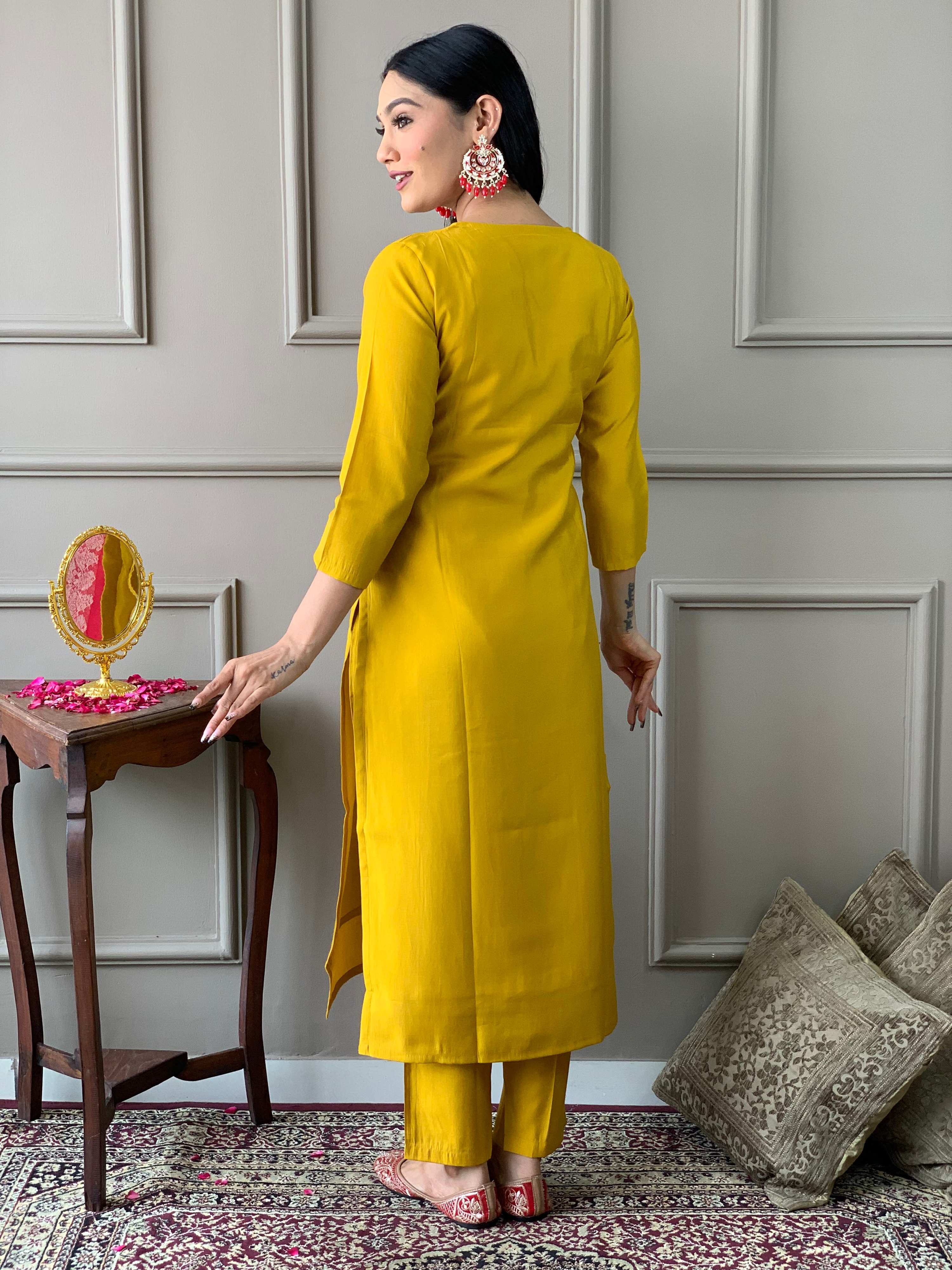 The52 Mustard Embroidered Chanderi Fabric Straight Kurta, Pant and Dupatta Set