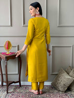 Thumbnail for The52 Mustard Embroidered Chanderi Fabric Straight Kurta, Pant and Dupatta Set