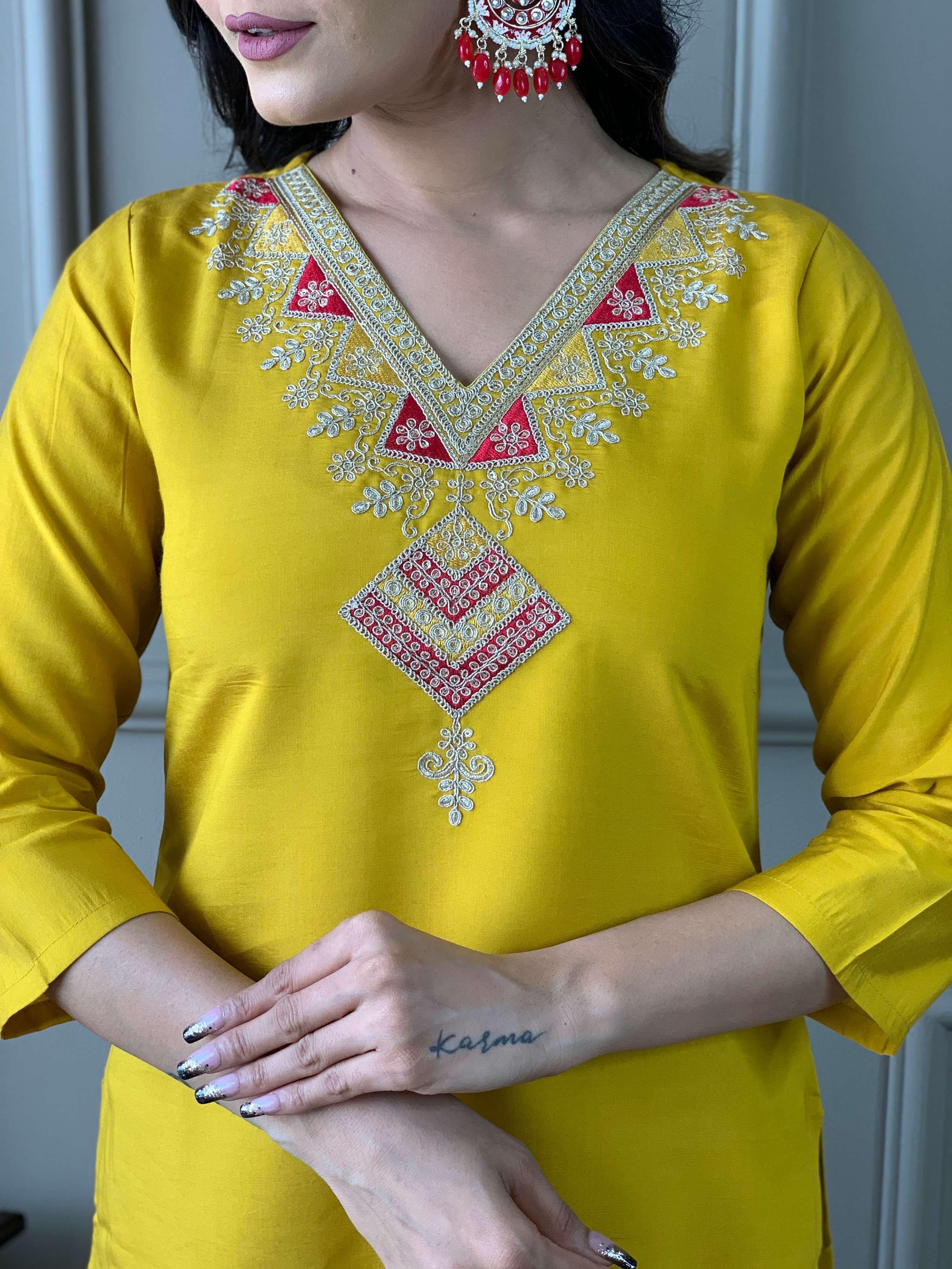 The52 Mustard Embroidered Chanderi Fabric Straight Kurta, Pant and Dupatta Set