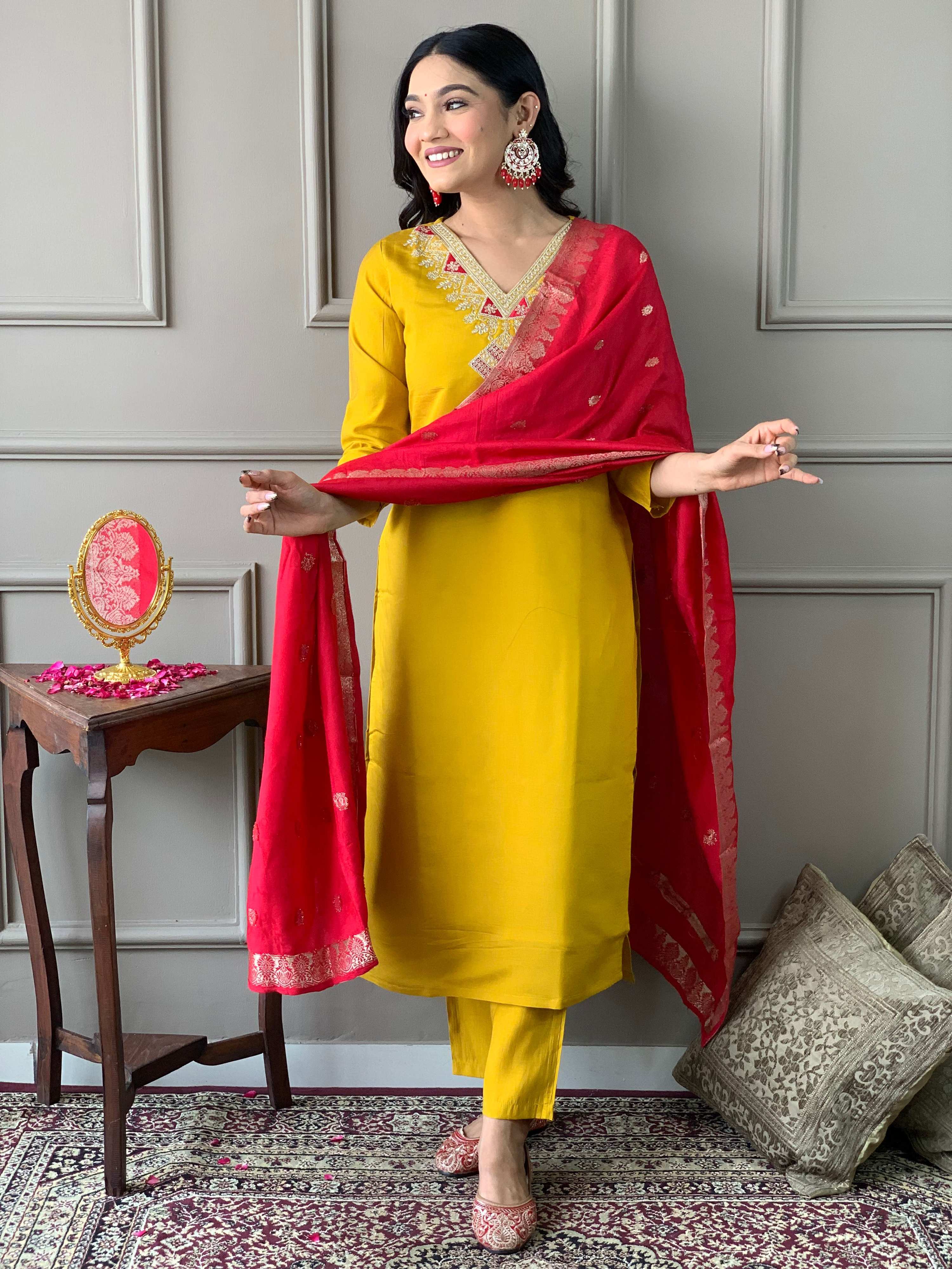 The52 Mustard Embroidered Chanderi Fabric Straight Kurta, Pant and Dupatta Set