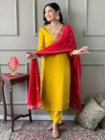 Thumbnail for The52 Mustard Embroidered Chanderi Fabric Straight Kurta, Pant and Dupatta Set