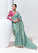 Thumbnail for Monjolika Fashion Fancy Fabric Embroidered Aqua Blue Trendy Saree
