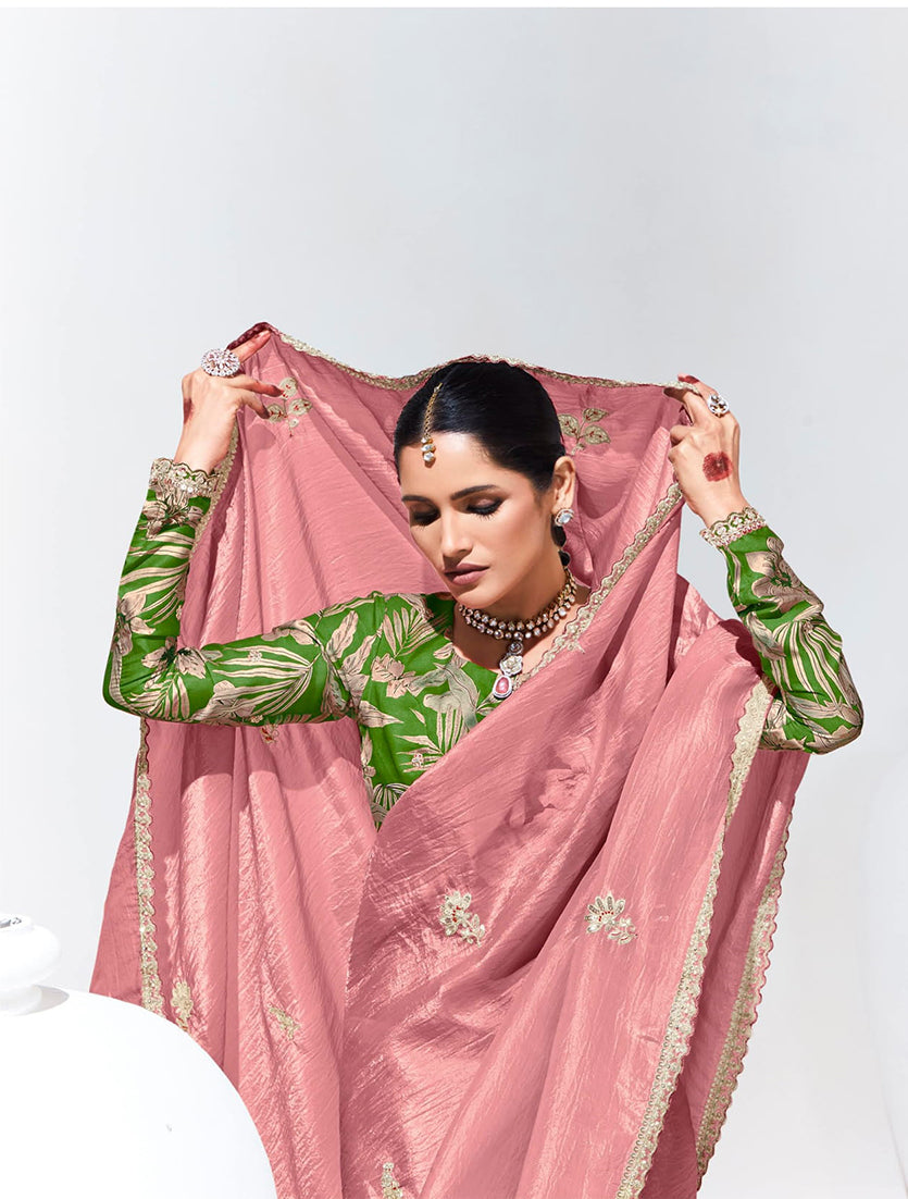 Monjolika Fashion Embroidered Pink and Rust Fancy Fabric Trendy Saree - Distacart