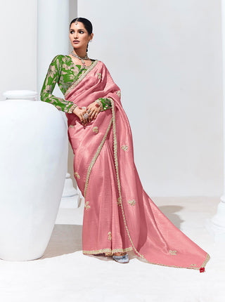 Monjolika Fashion Embroidered Pink and Rust Fancy Fabric Trendy Saree