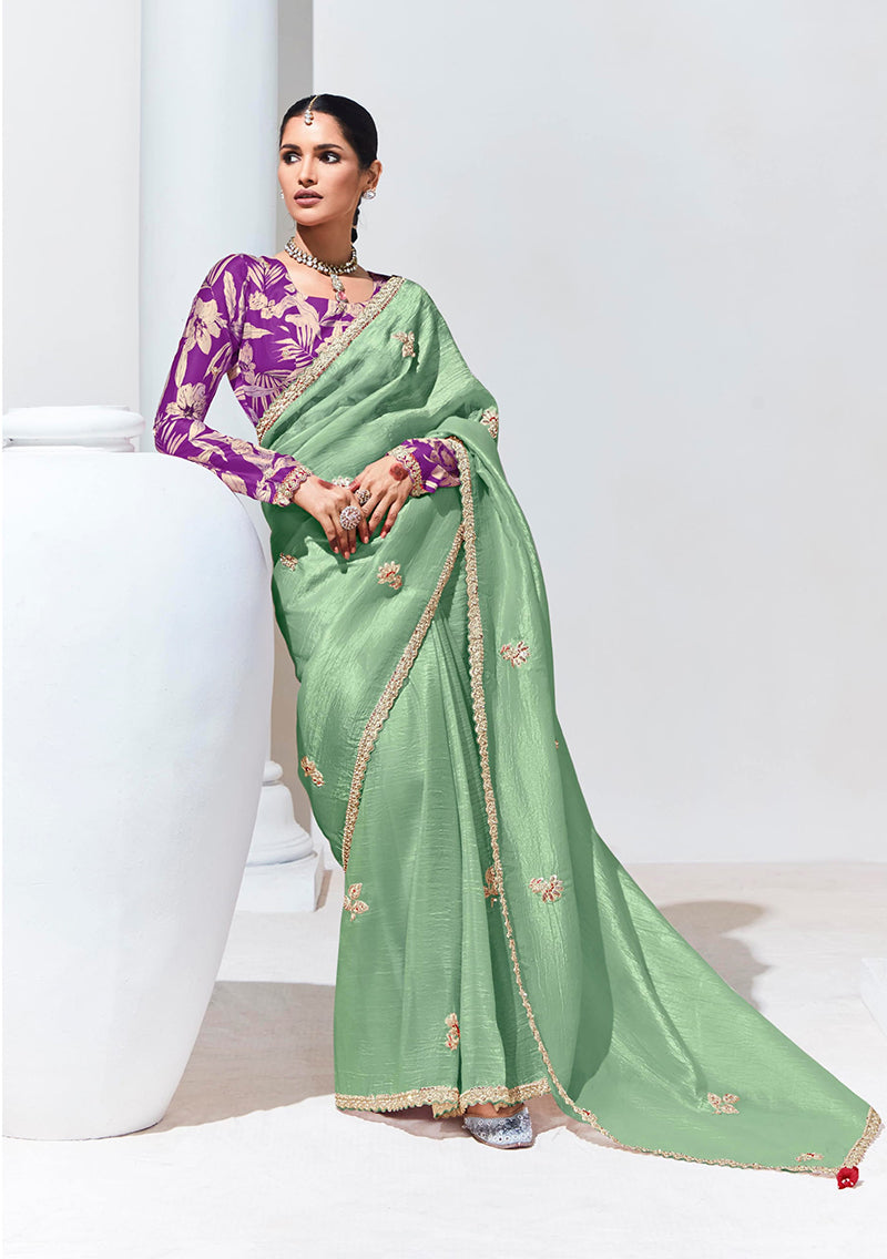 Monjolika Fashion Embroidered Blue and Grey Fancy Fabric Contemporary Saree