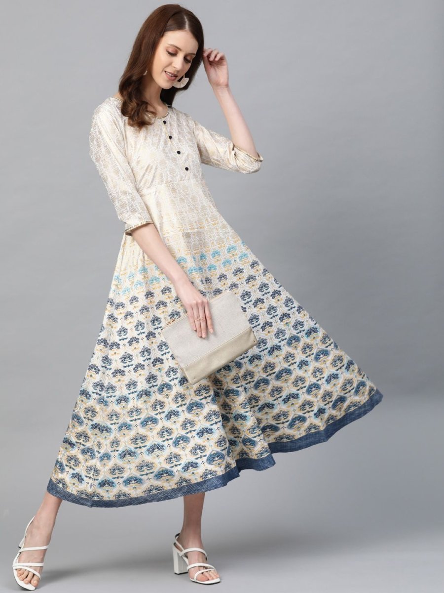 AURELIA Women Off-White & Golden Printed A-Line Dress