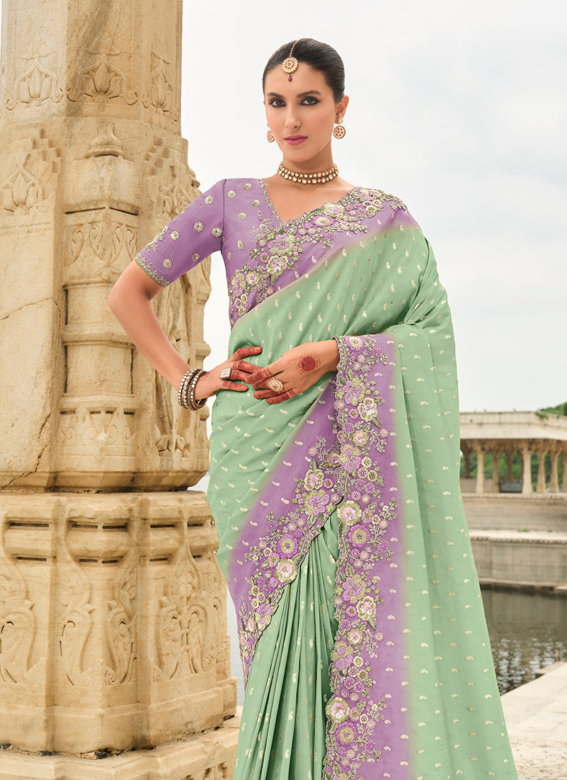 Monjolika Fashion Silk Blend Cutwork Sea Green Reception Classic Saree - Distacart
