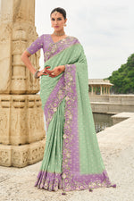Thumbnail for Monjolika Fashion Silk Blend Cutwork Sea Green Reception Classic Saree - Distacart