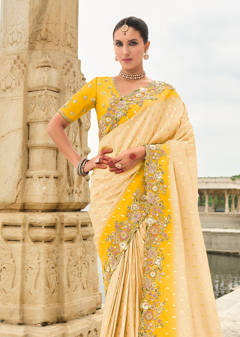 Monjolika Fashion Silk Blend Cutwork Contemporary Saree In Cream - Distacart