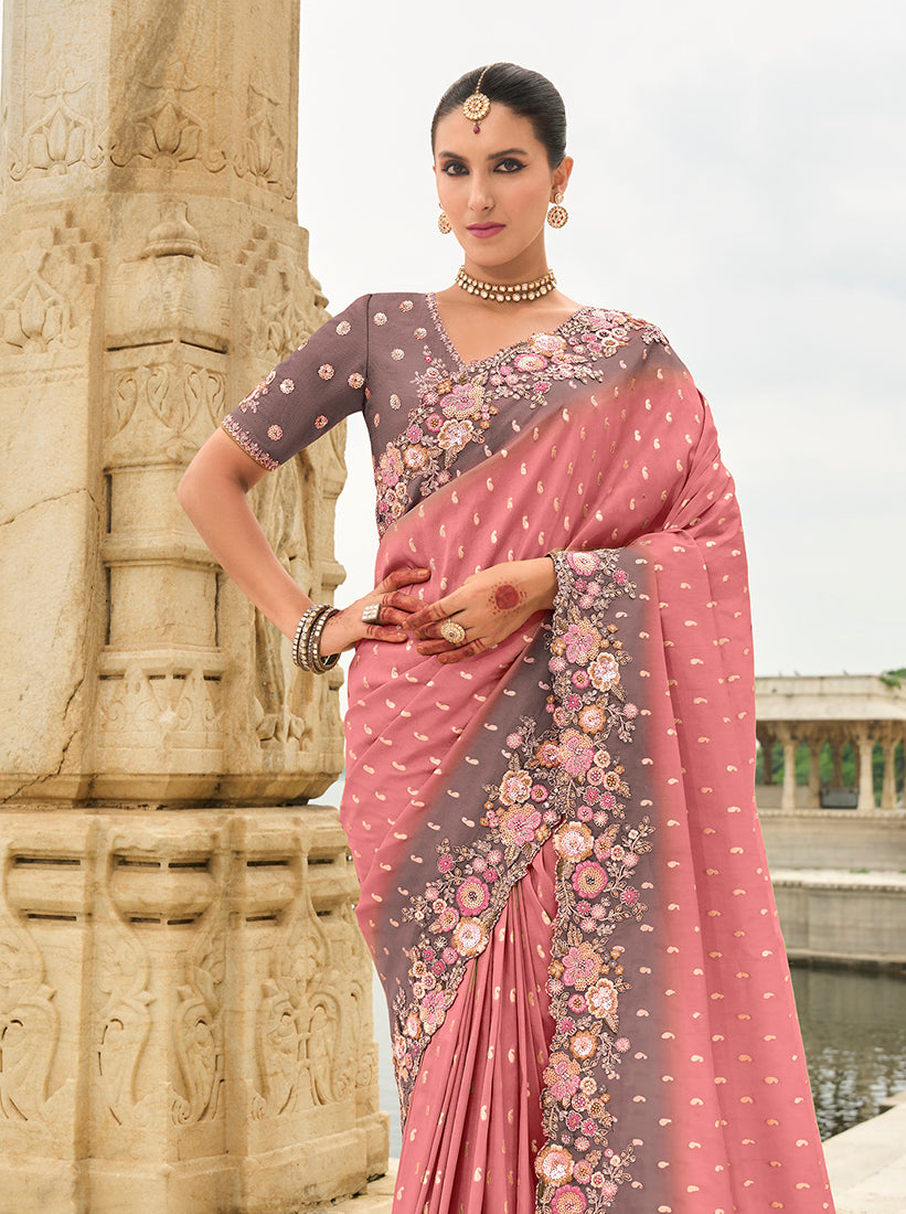 Monjolika Fashion Pink Stone Silk Blend Reception Traditional Saree - Distacart