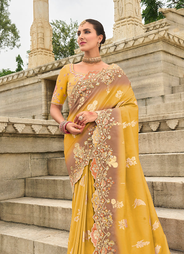 Monjolika Fashion Embroidered Silk Blend Yellow Trendy Saree