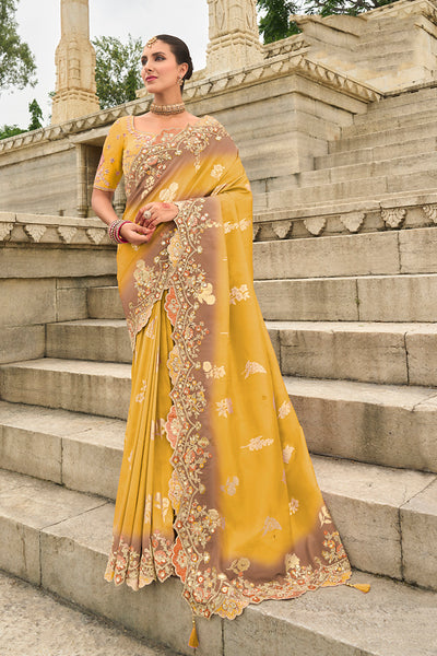 Monjolika Fashion Embroidered Silk Blend Yellow Trendy Saree