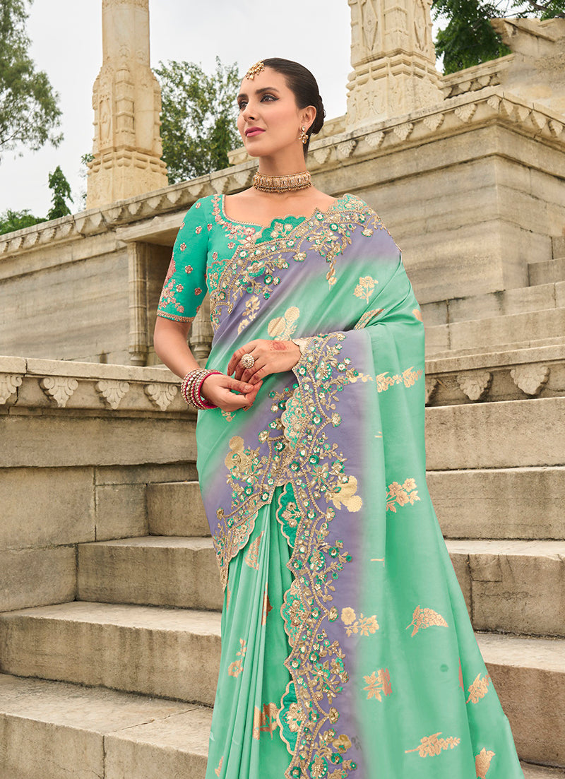 Monjolika Fashion Silk Blend Cut Work Classic Saree In Turquoise - Distacart