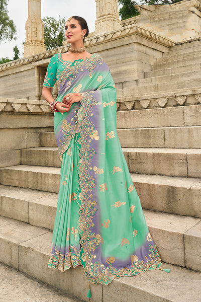 Monjolika Fashion Silk Blend Cut Work Classic Saree In Turquoise