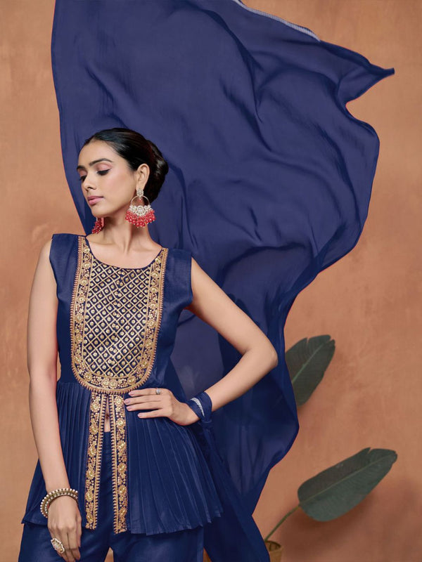Sangria Chinnon Embroidered A-line Kurta Palazzo With Dupatta Set