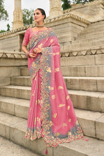 Thumbnail for Monjolika Fashion Pink Embroidered Silk Blend Sangeet Contemporary Saree